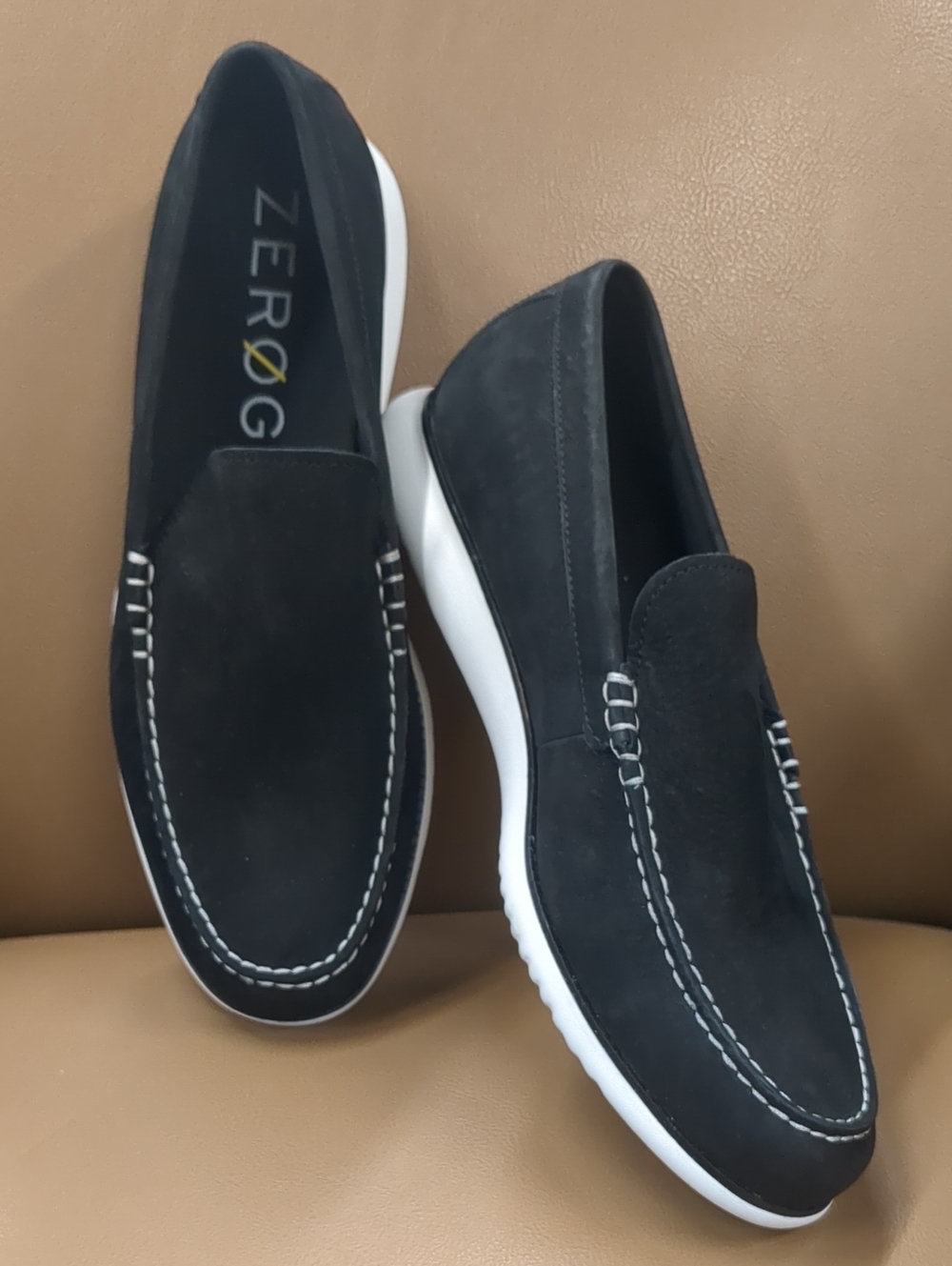 Cole Haan Black Suede Slip-On Loafers with White Sole